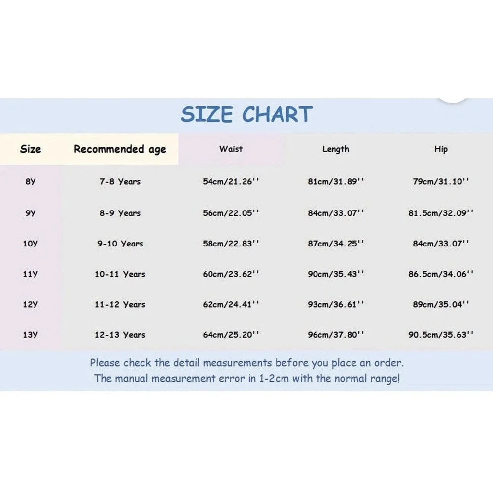 Girls Bow Print Back Zipper Fly Elastic High Waist Denim Pants Wide Leg Jean 13y